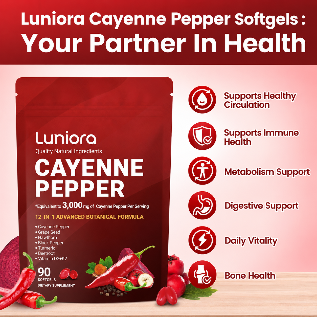 Cayenne Pepper Softgels Supplement, Supports Leg Vein, Heart and Blood Vessel Health